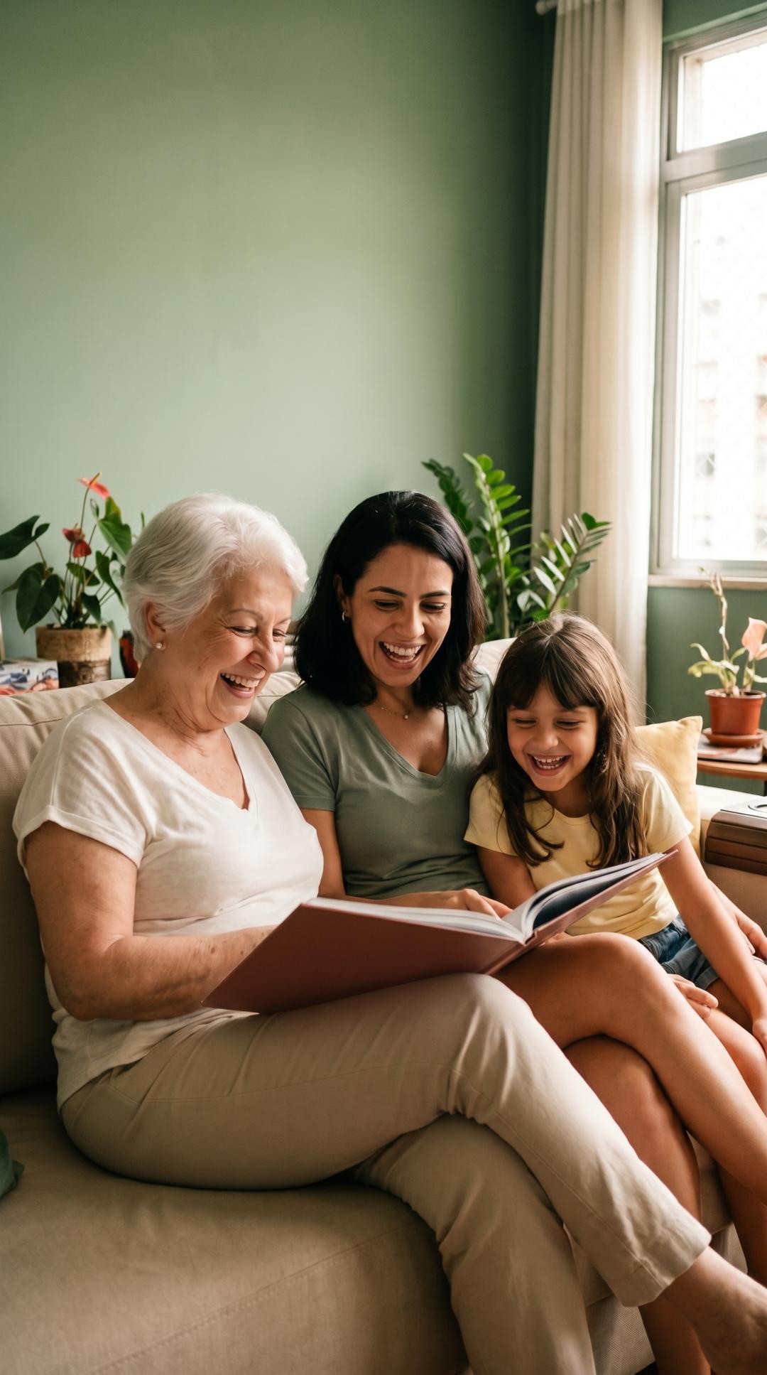 Avó, filha e neta reunidas olhando livro digital